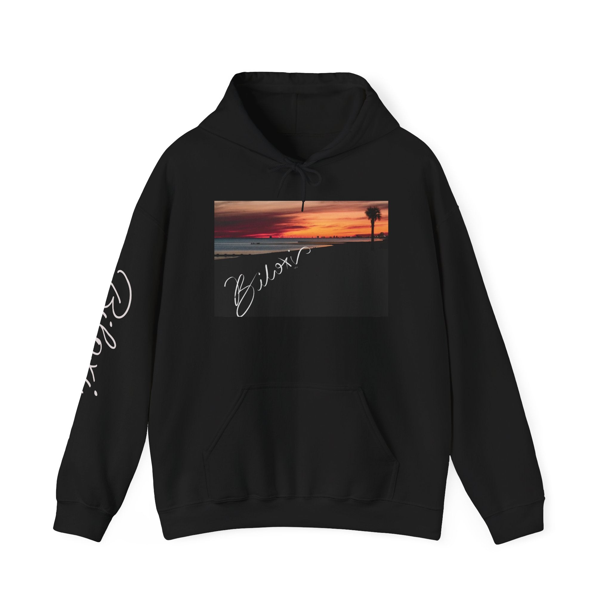 Biloxi, Sunset Beach Hoodie — ‘Relax’ Script Sleeve Pullover